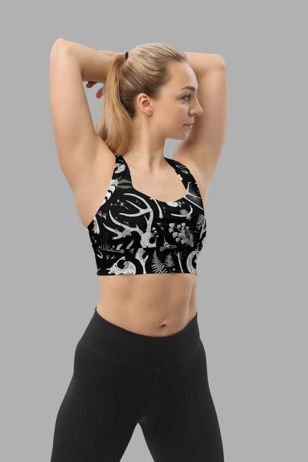 cosmic drifters fungalis print recycled longline sports bra front