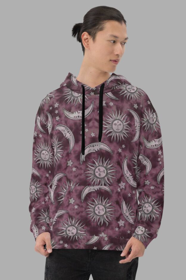 cosmic drifters hoodie front pink suns moons print