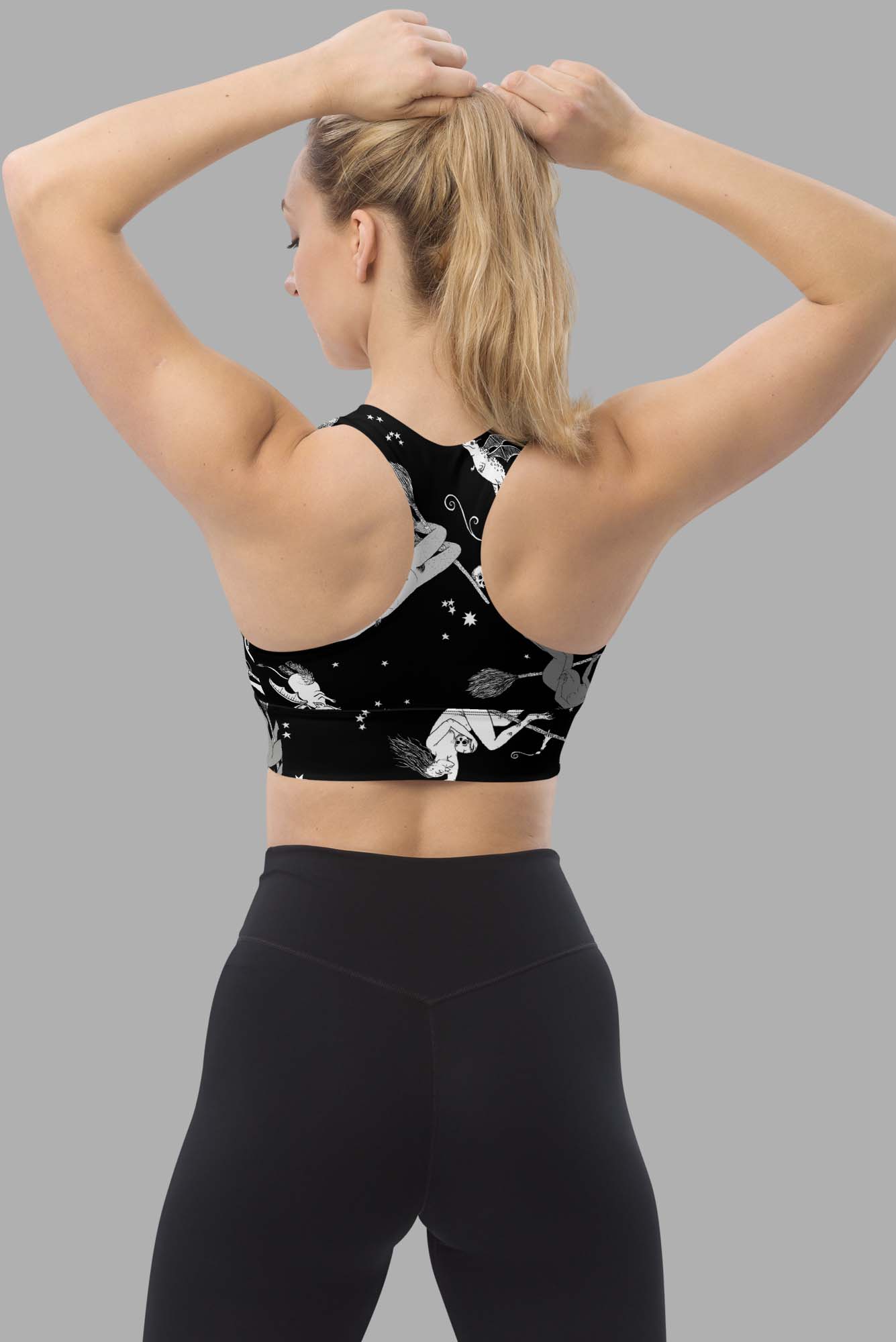 cosmic drifters intersectional witches print print longline sports bra back