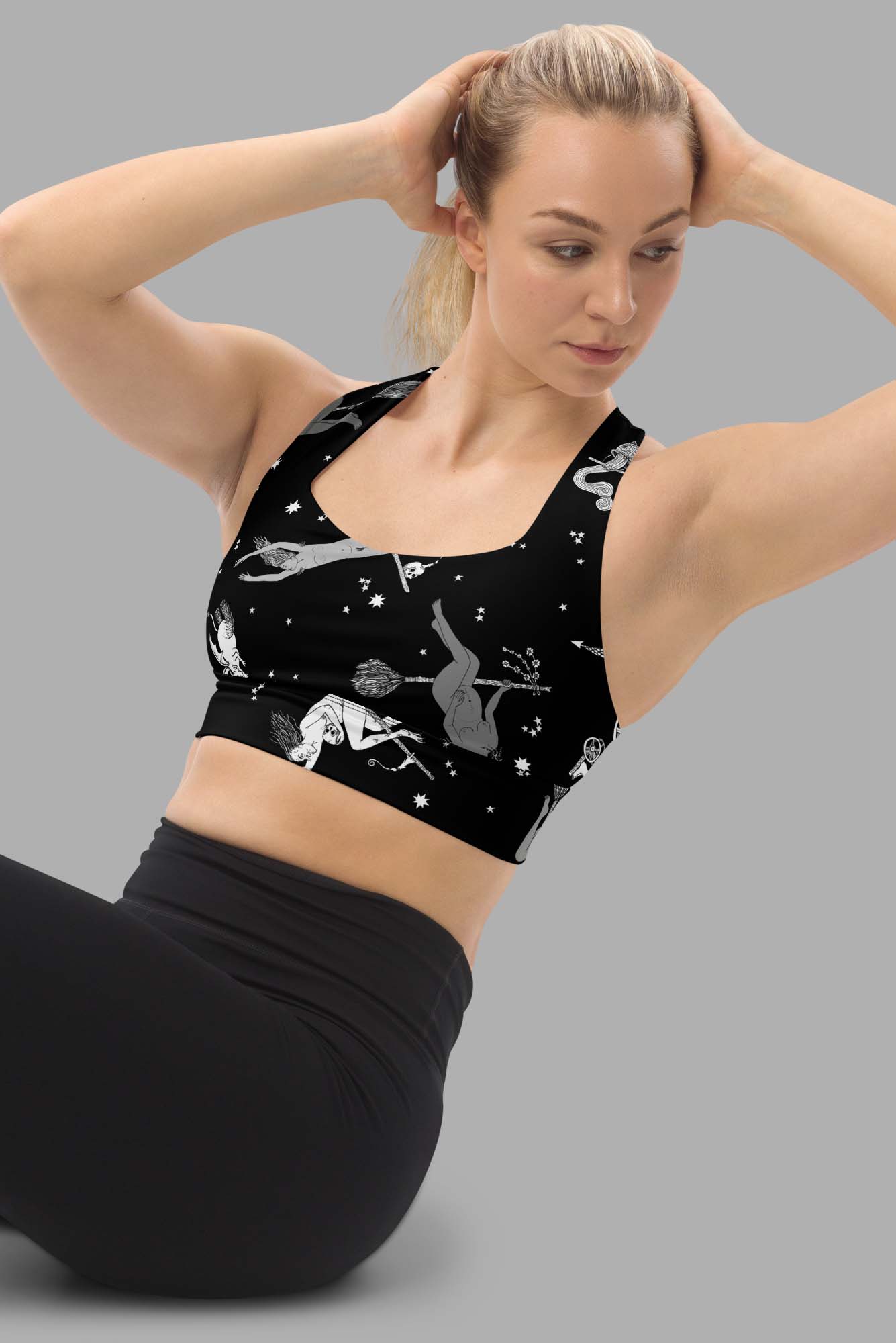 cosmic drifters intersectional witches print print longline sports bra side
