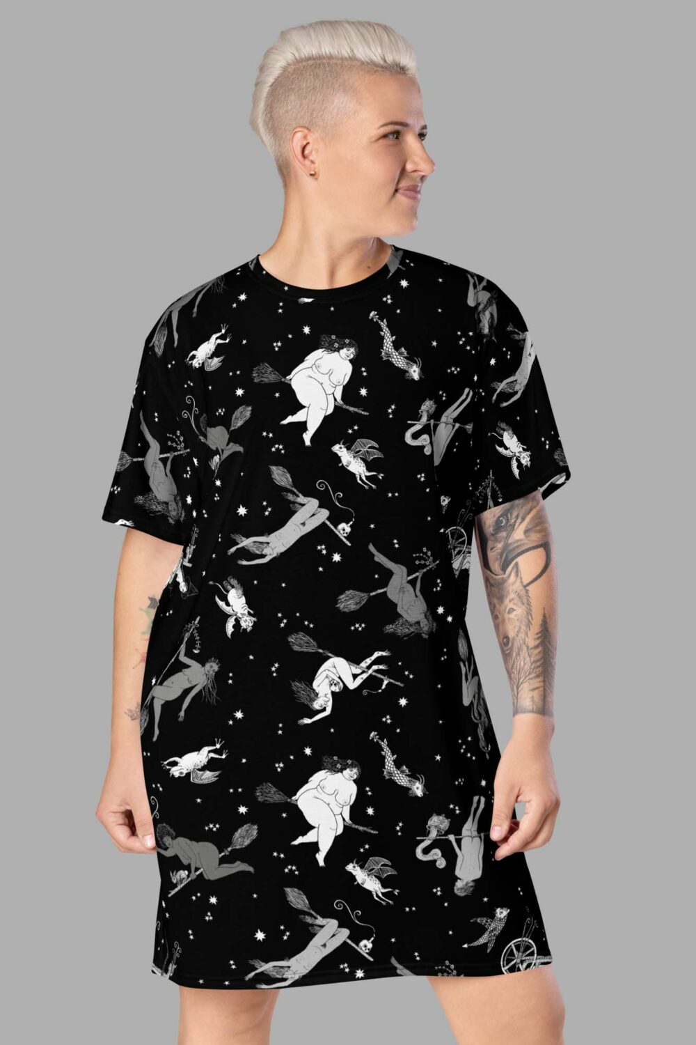 cosmic drifters intersectional witches print t shirt dress front