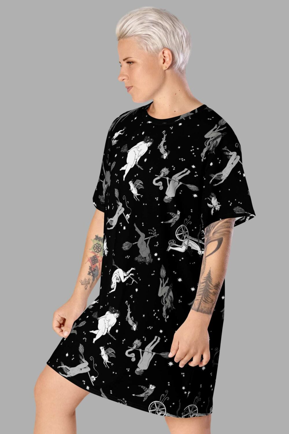 cosmic drifters intersectional witches print t shirt dress side