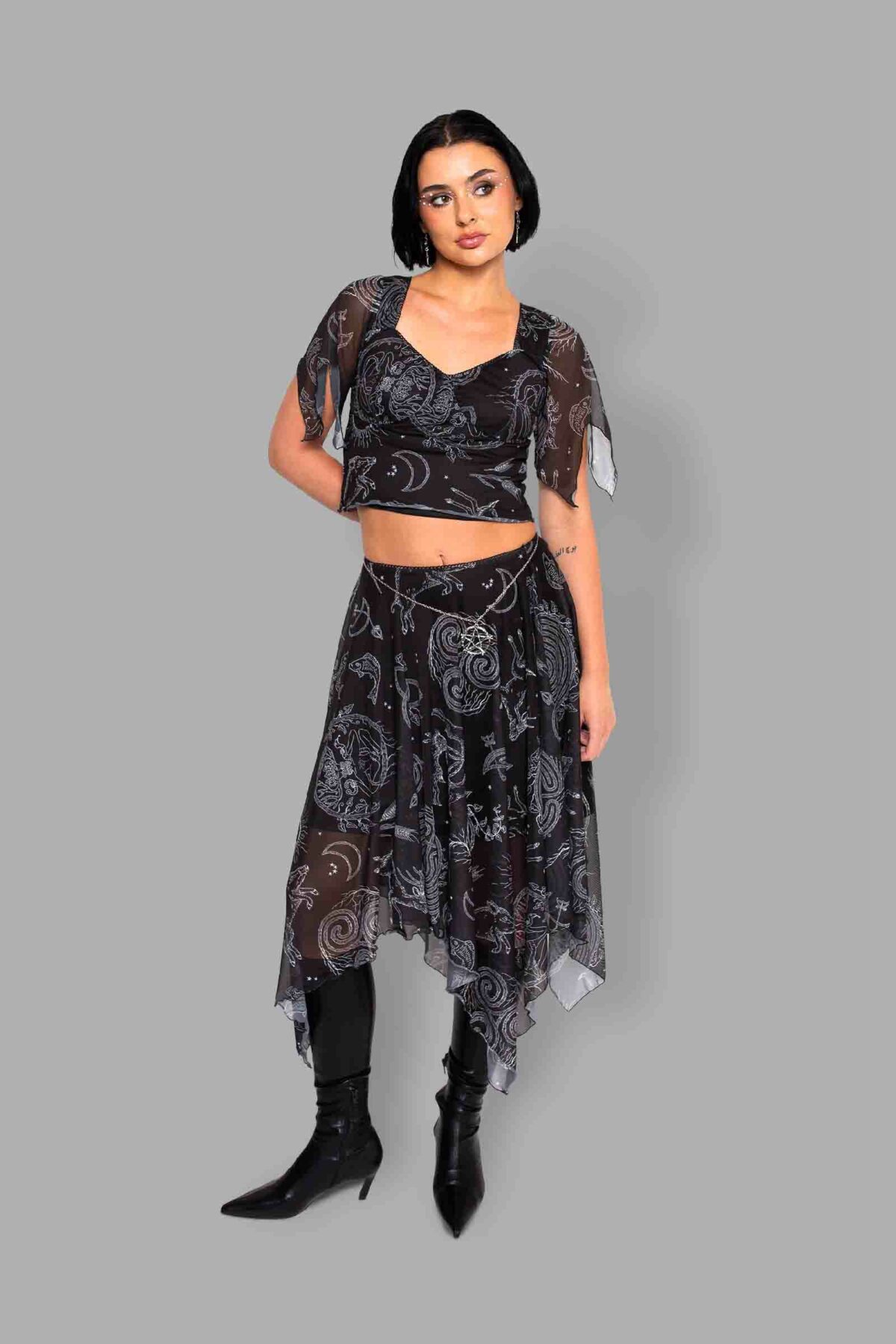 cosmic drifters lammas print mesh handkerchief skirt front2