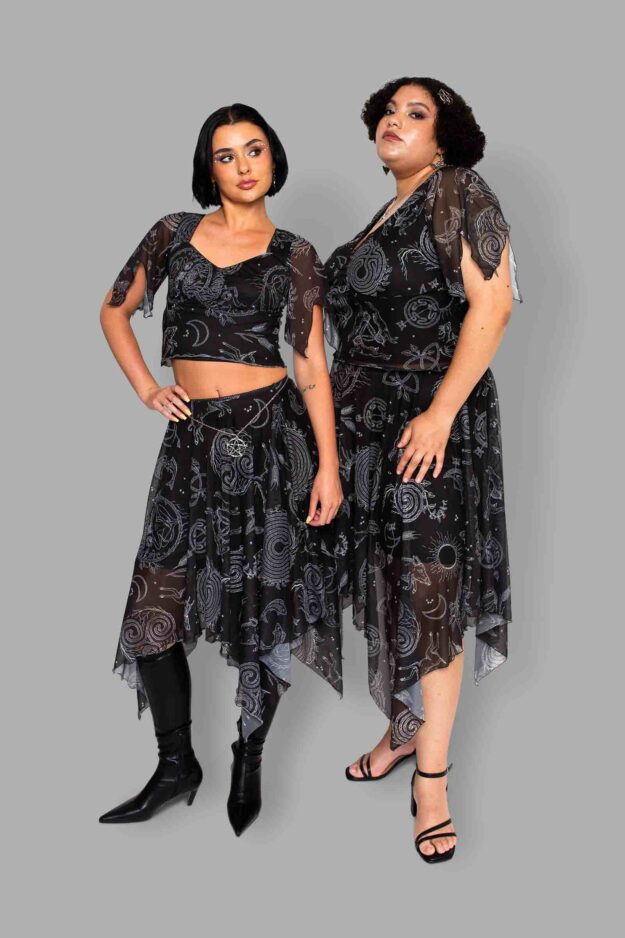cosmic drifters lammas print mesh handkerchief skirt pairs