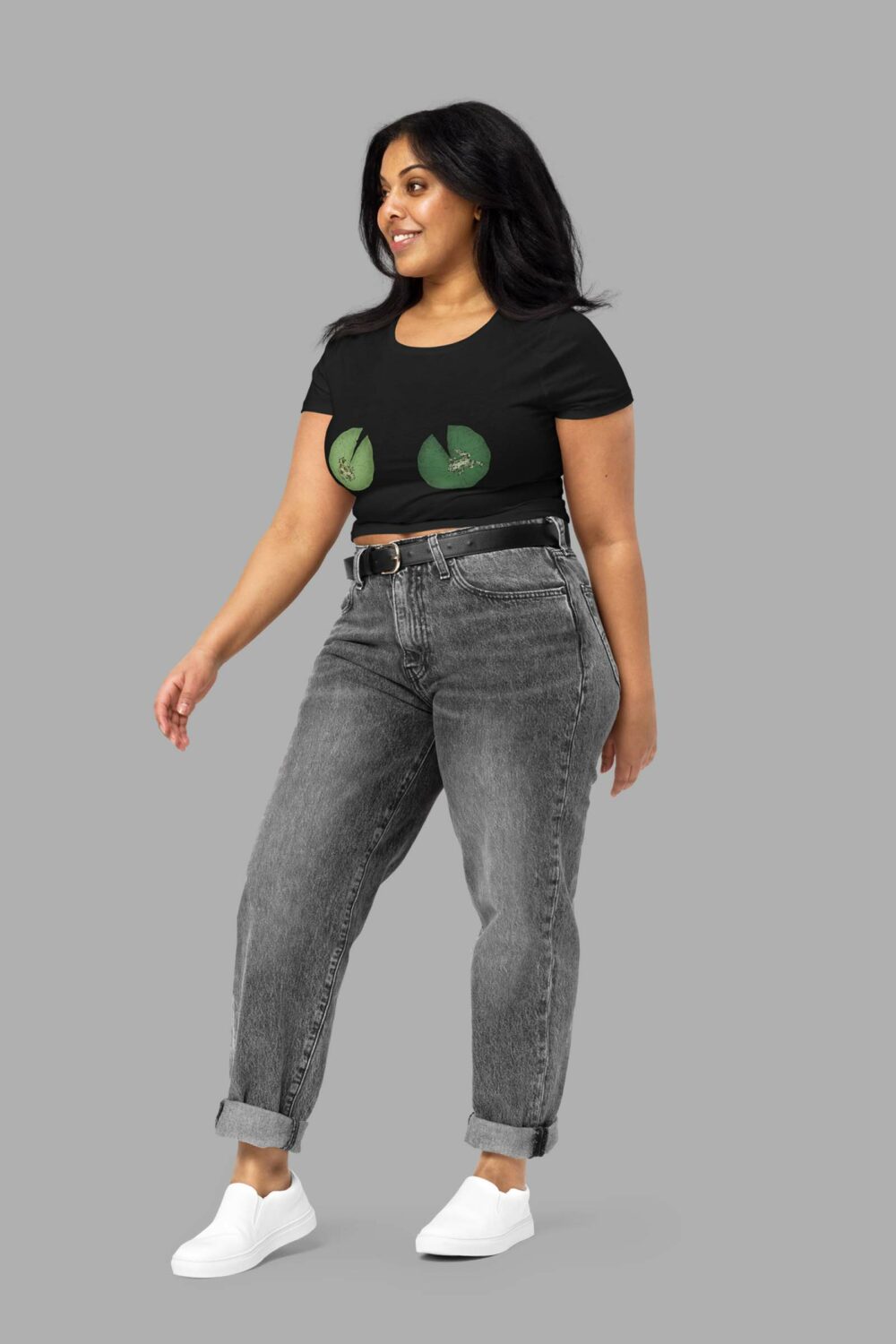 cosmic drifters lily pad tiddies print womens crop tee black front 2