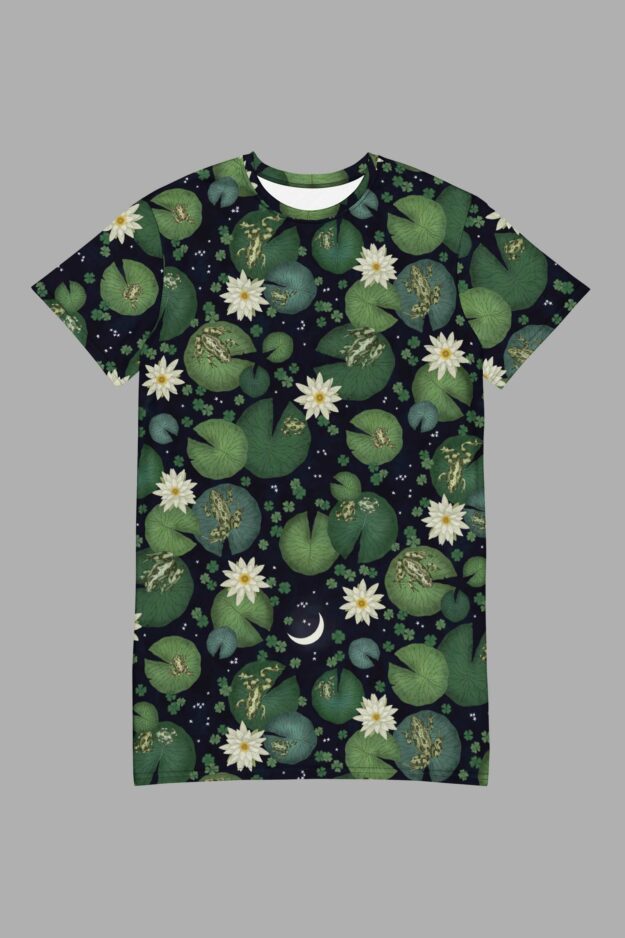 cosmic drifters lily pond print all over print t shirt dress front