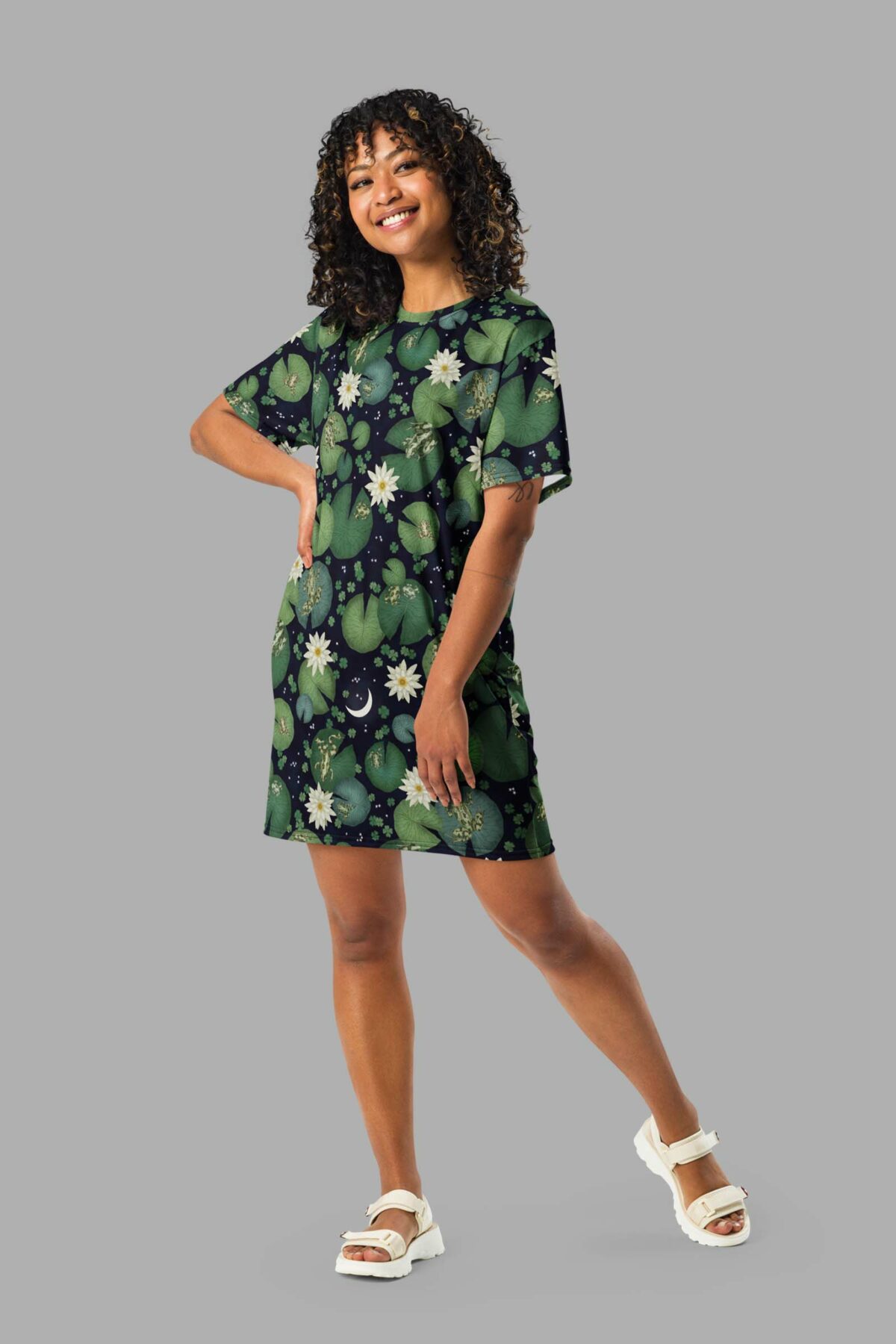 cosmic drifters lily pond print all over print t shirt dress front2