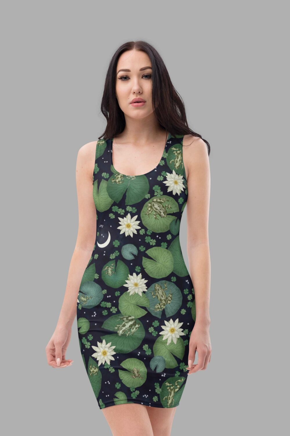 cosmic drifters lily pond print bodycon dress front