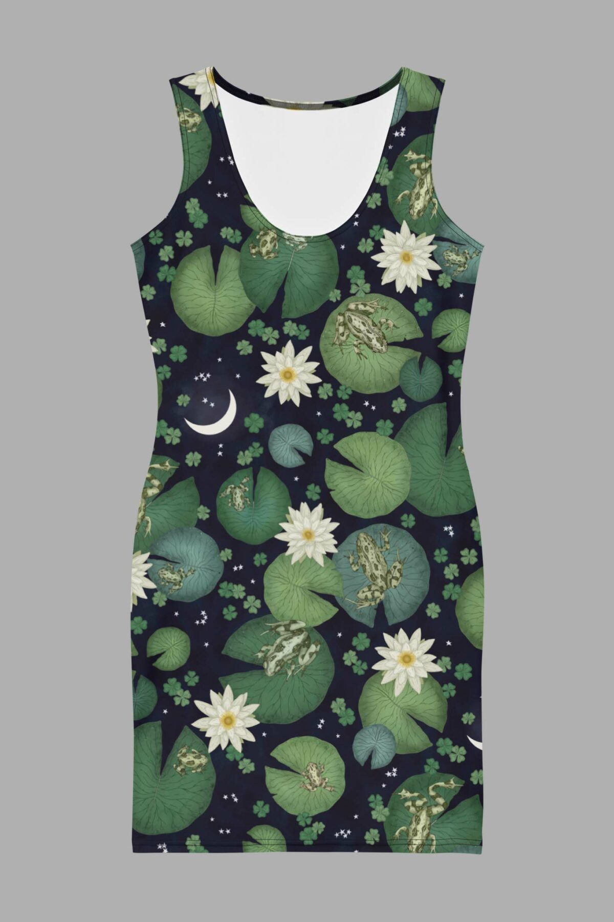 cosmic drifters lily pond print bodycon dress front2