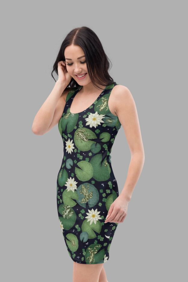 cosmic drifters lily pond print bodycon dress side