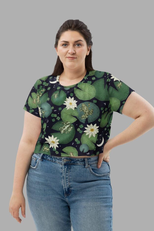 cosmic drifters lily pond print crop tee front