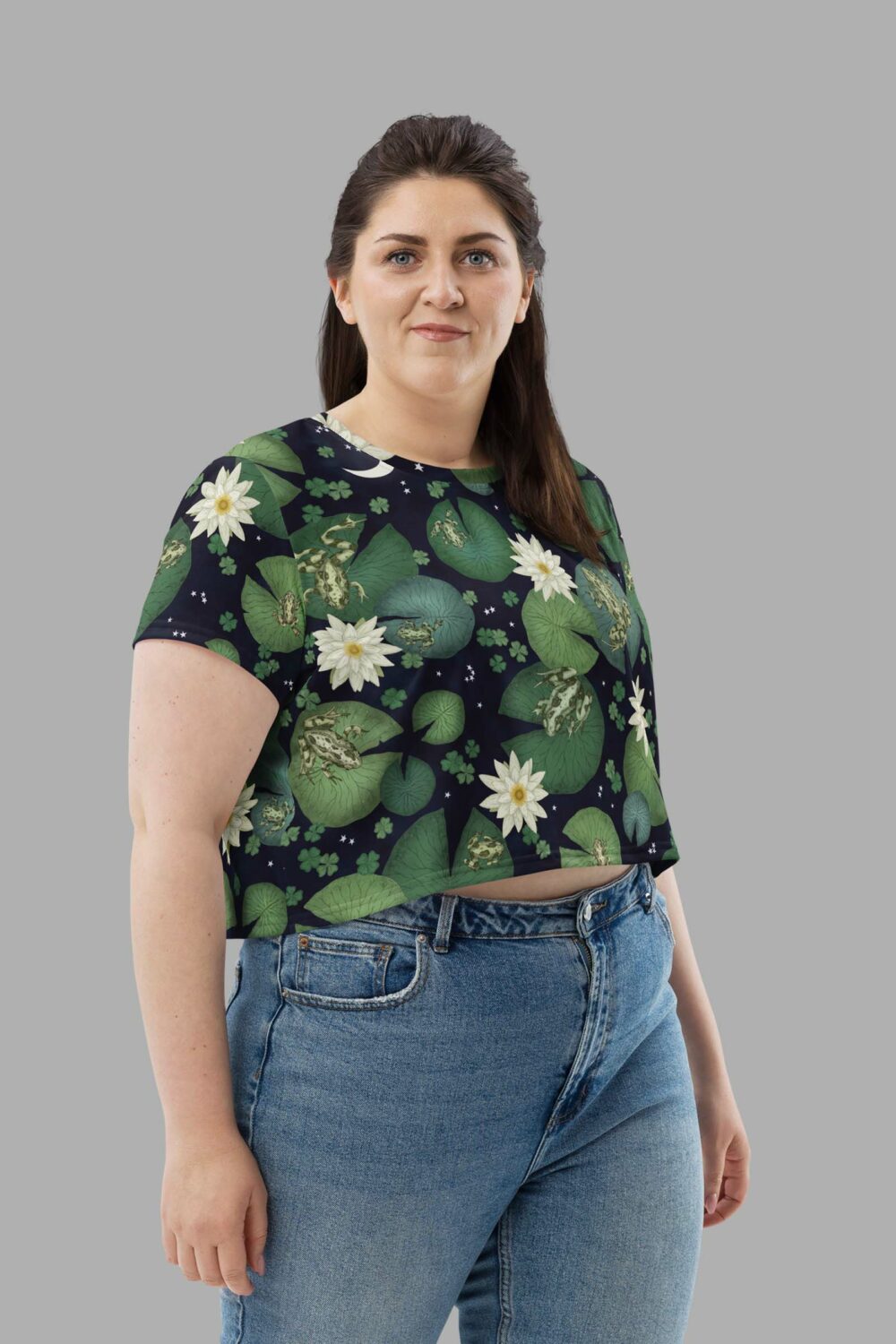 cosmic drifters lily pond print crop tee side