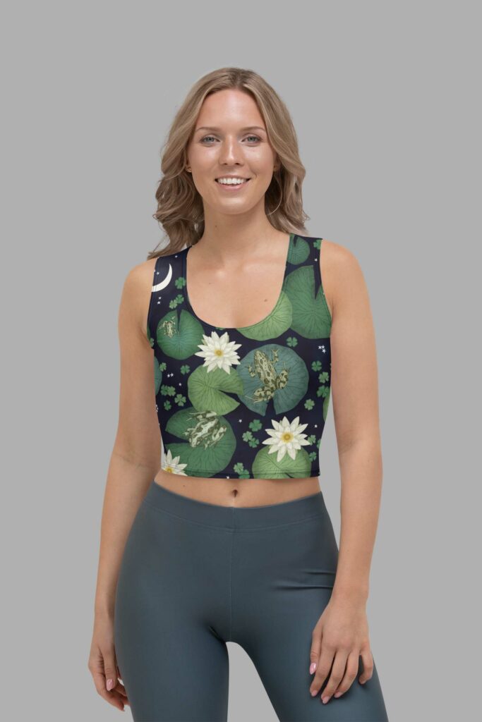 Lily Pond Green Crop Top Frogs and Flowers Print