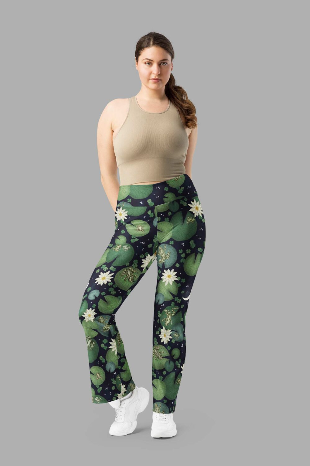 cosmic drifters lily pond print flare leggings front