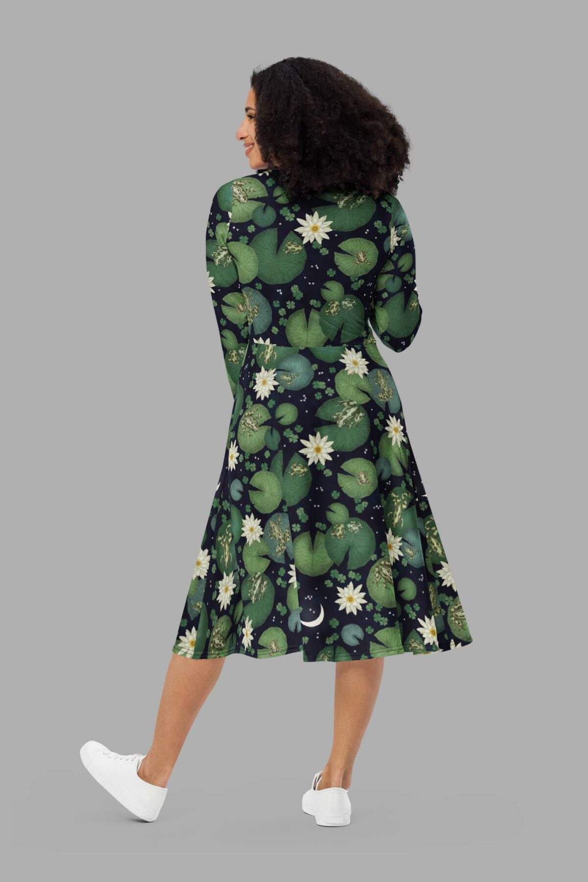 cosmic drifters lily pond print long sleeve midi dress back