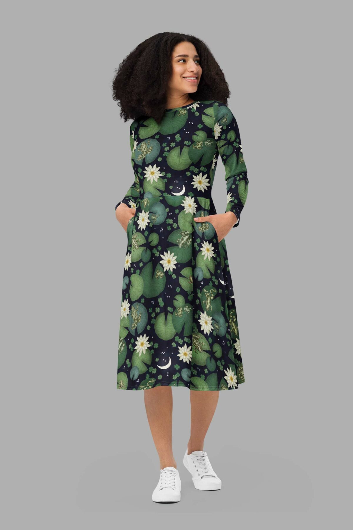 cosmic drifters lily pond print long sleeve midi dress front