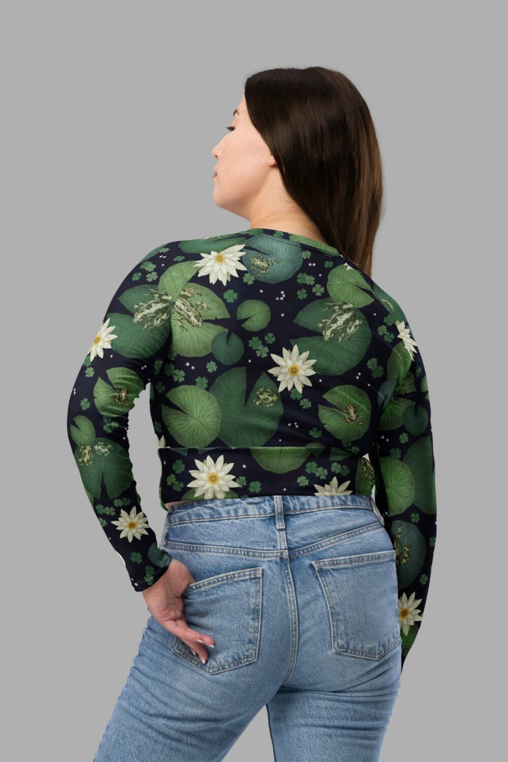 cosmic drifters lily pond print recycled long sleeve crop top back