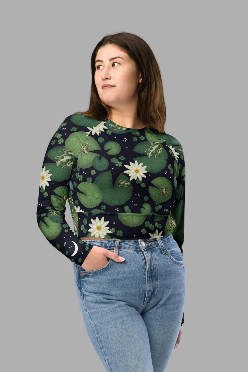 cosmic drifters lily pond print recycled long sleeve crop top front