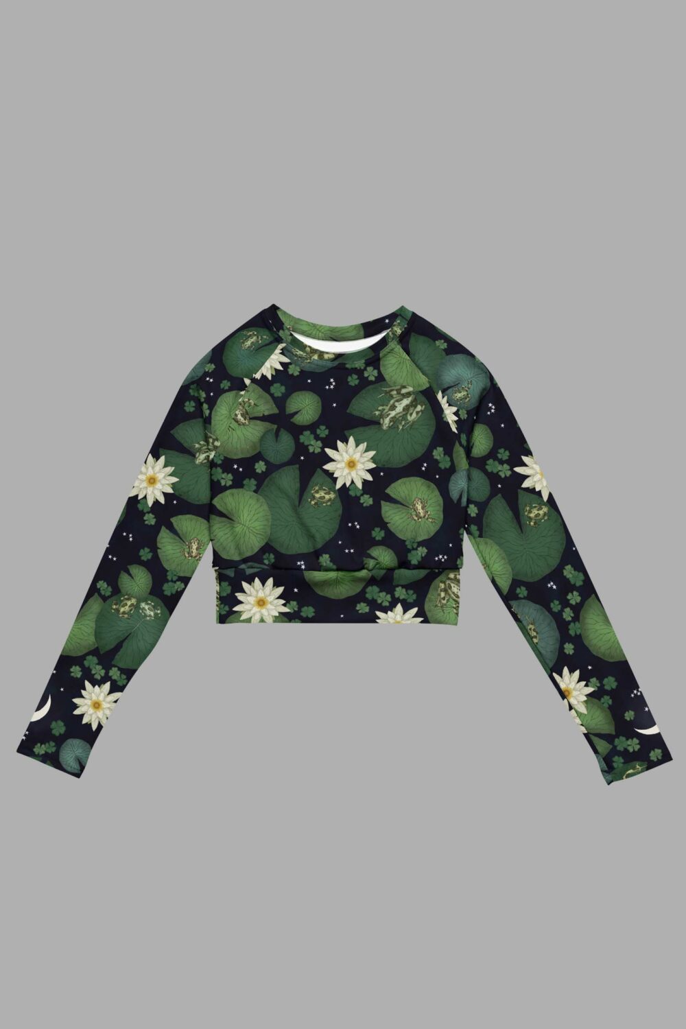 cosmic drifters lily pond print recycled long sleeve crop top front 2