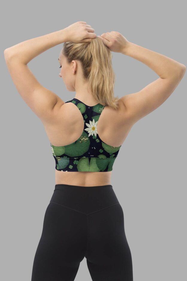 cosmic drifters lily pond print recycled longline sports bra back