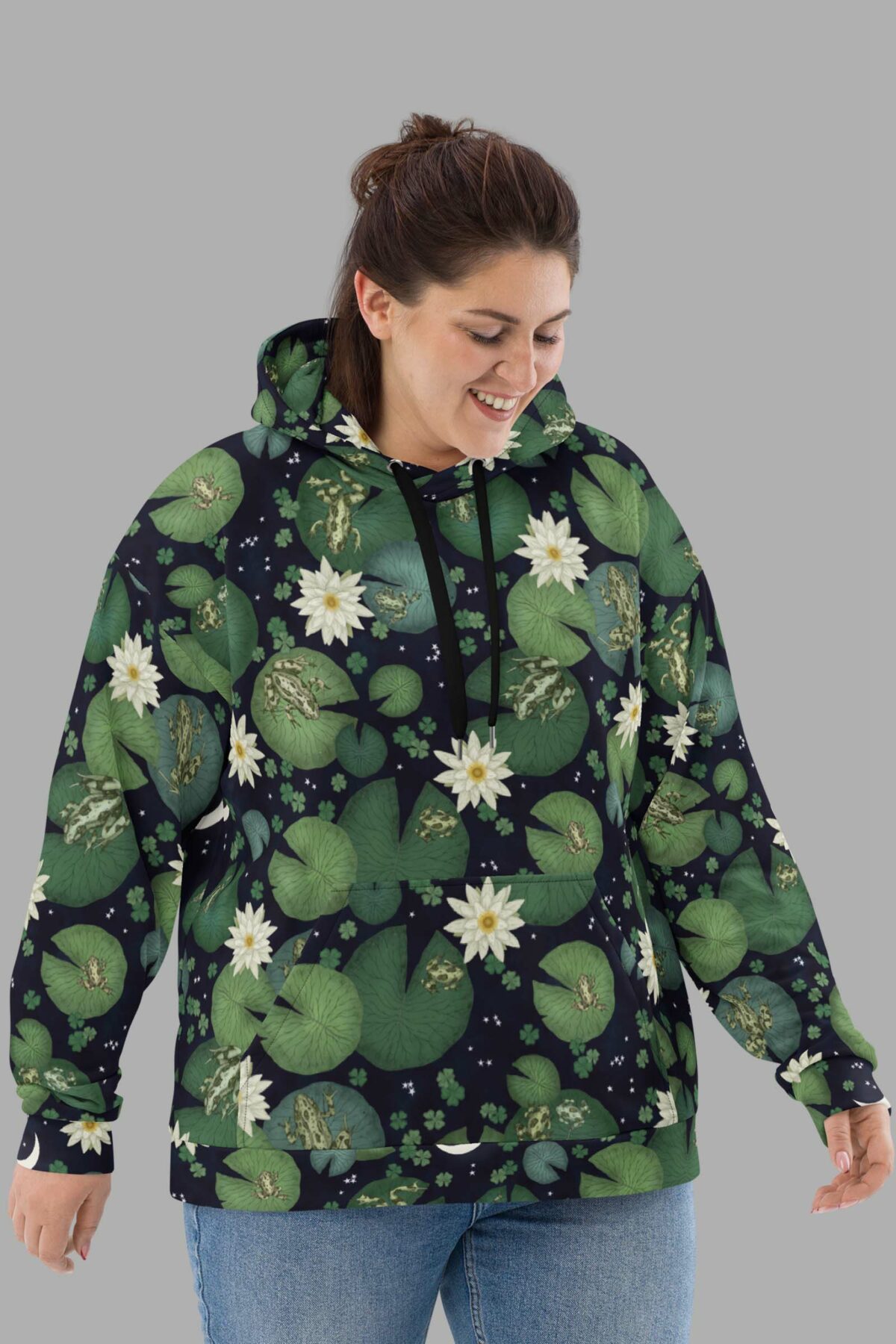 cosmic drifters lily pond print recycled unisex hoodie front