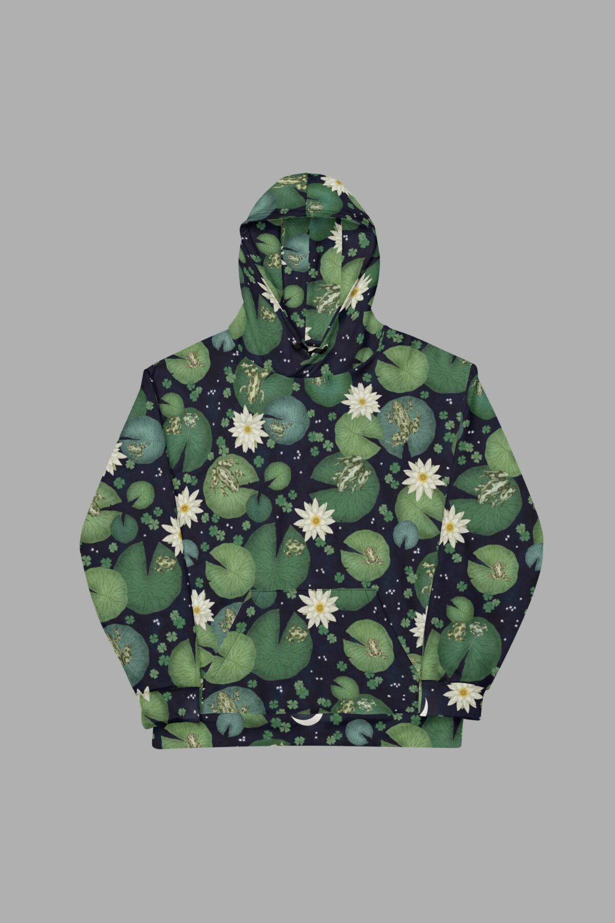 cosmic drifters lily pond print recycled unisex hoodie front2