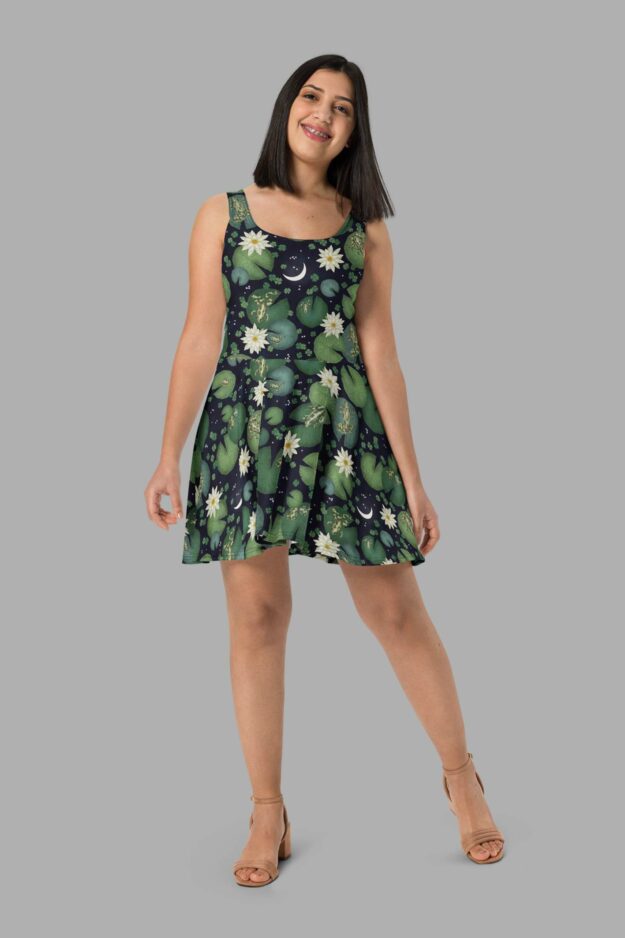 cosmic drifters lily pond print skater dress front2