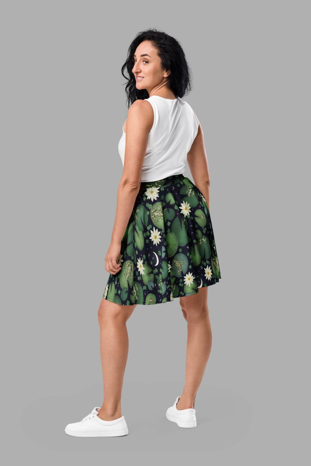 cosmic drifters lily pond print skater skirt back