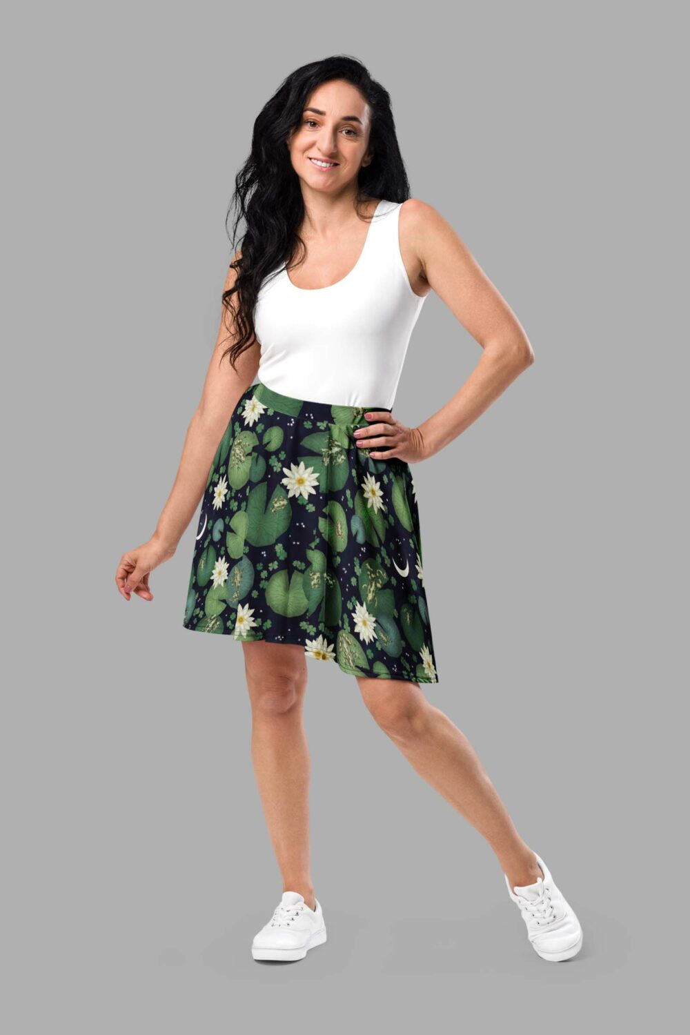 cosmic drifters lily pond print skater skirt front