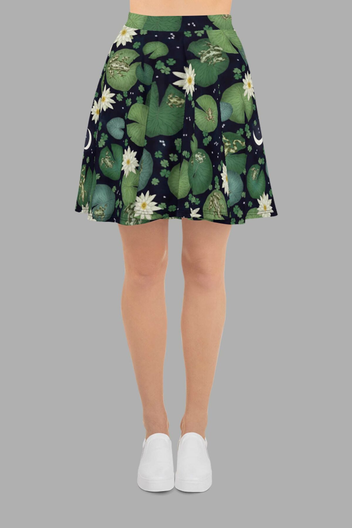 cosmic drifters lily pond print skater skirt front 2