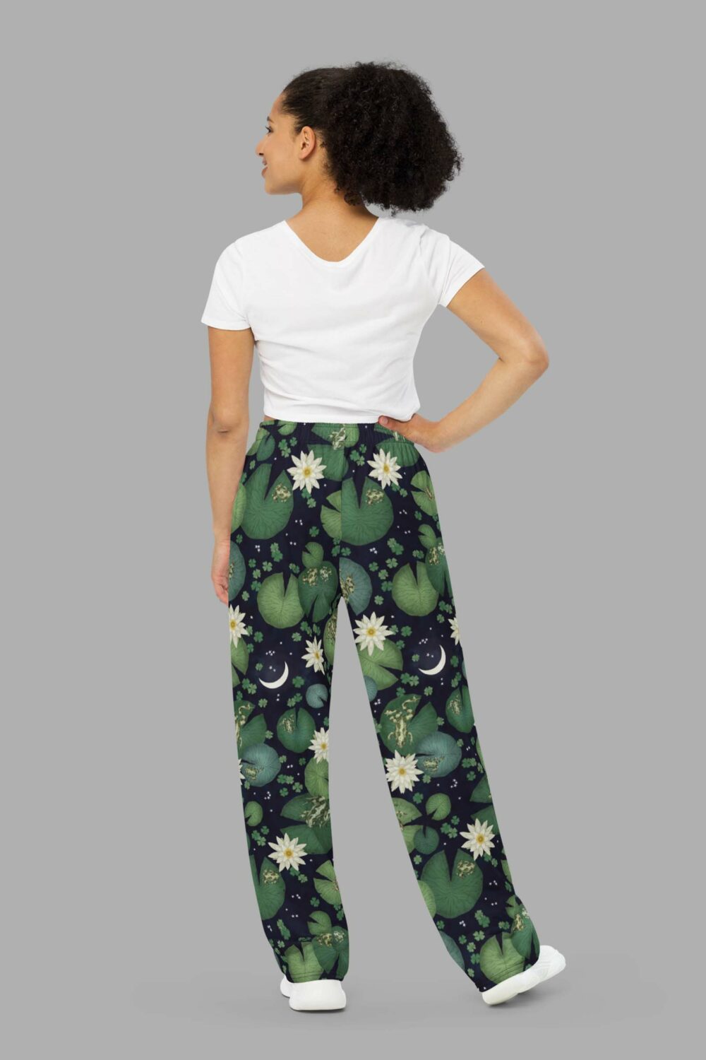 cosmic drifters lily pond print unisex wide leg pants back