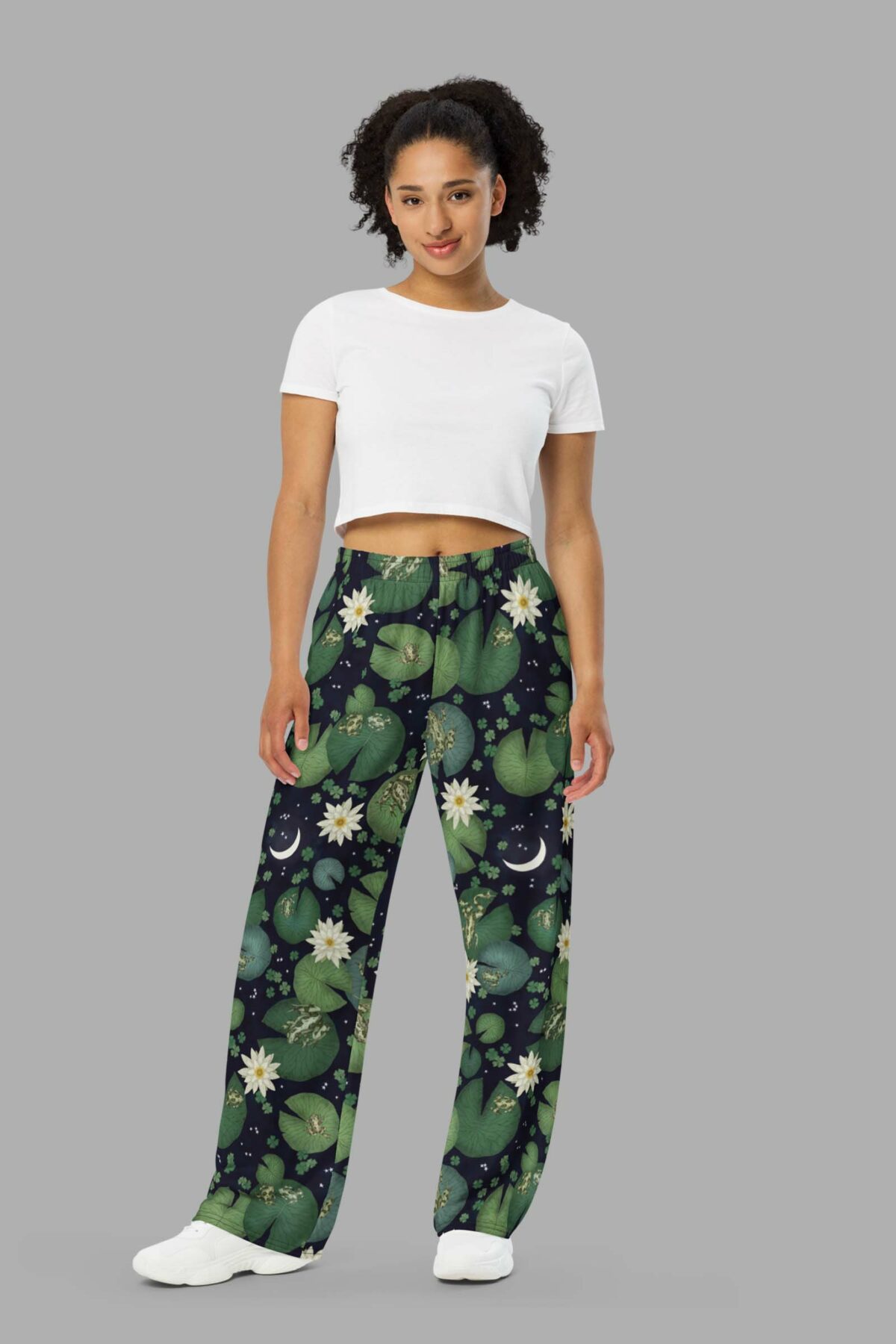 cosmic drifters lily pond print unisex wide leg pants front