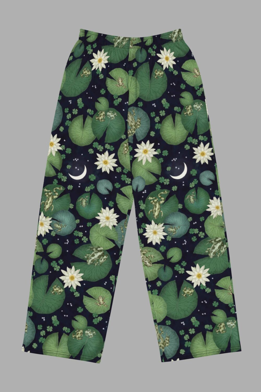 cosmic drifters lily pond print unisex wide leg pants front 2