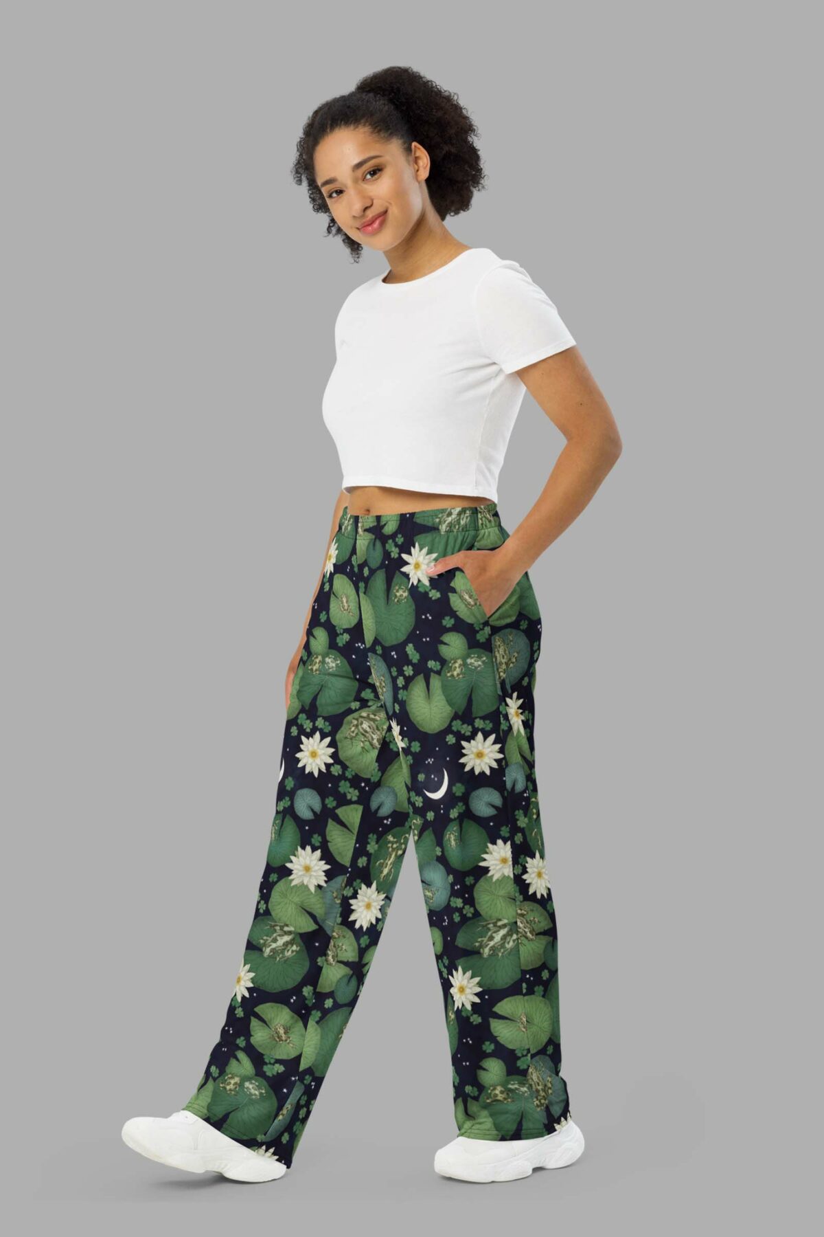 cosmic drifters lily pond print unisex wide leg pants side