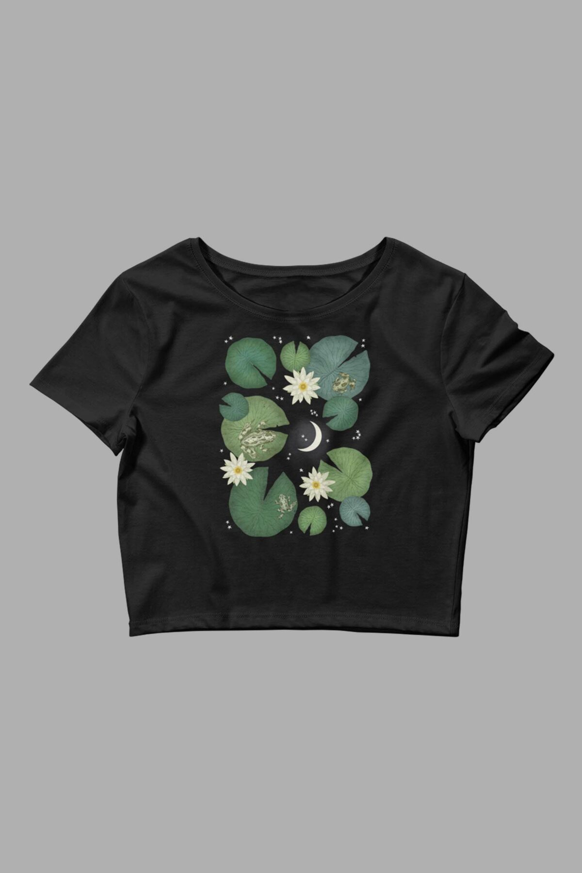 cosmic drifters lily pond print womens crop tee black front