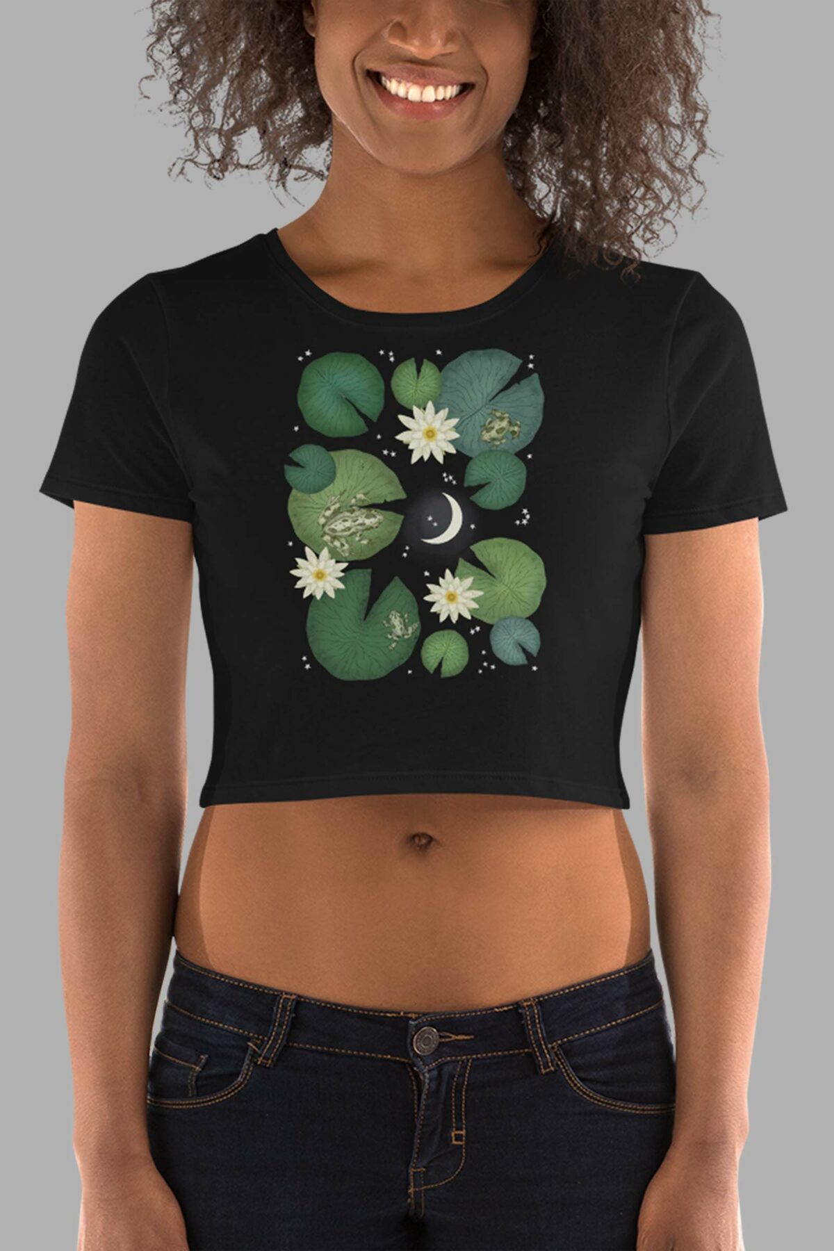 cosmic drifters lily pond print womens crop tee black front 2