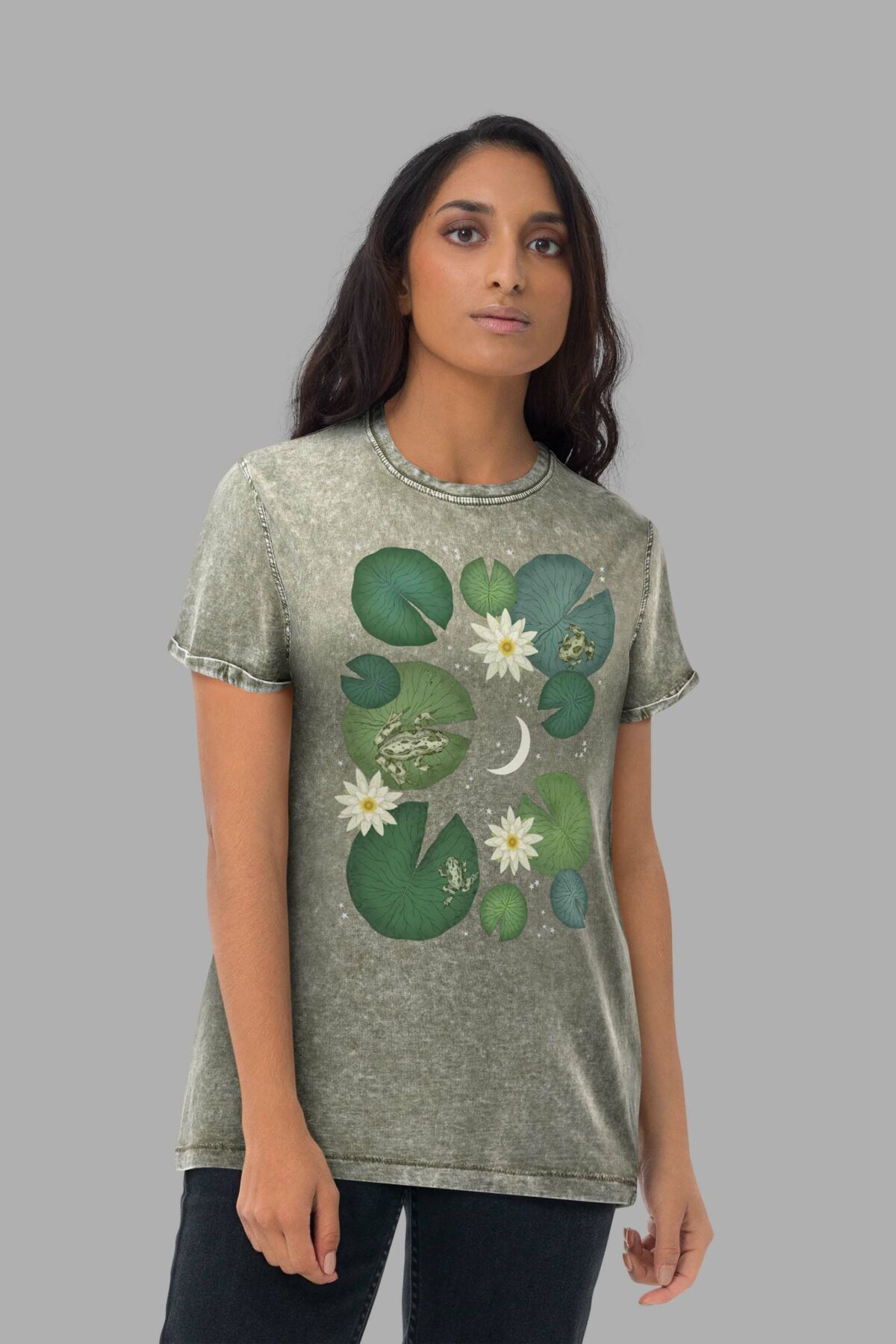 cosmic drifters lily pond unisex denim t shirt front 2