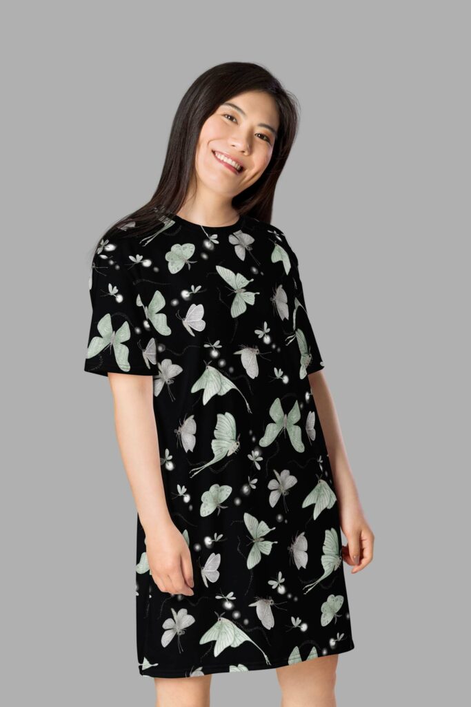 Moonflight Moth Print T-Shirt Dress Dark Floral Design
