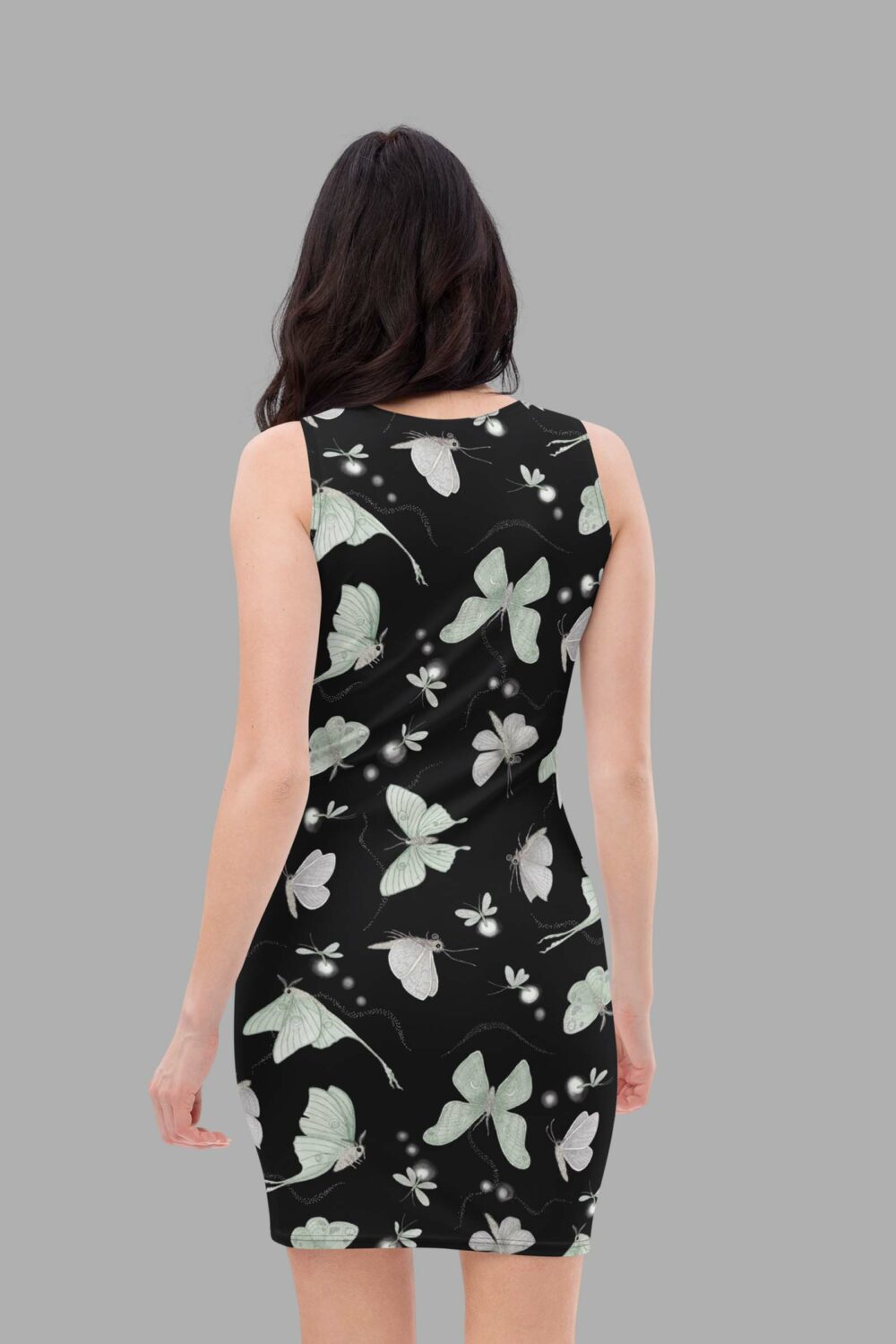 cosmic drifters moonflight print bodycon dress back