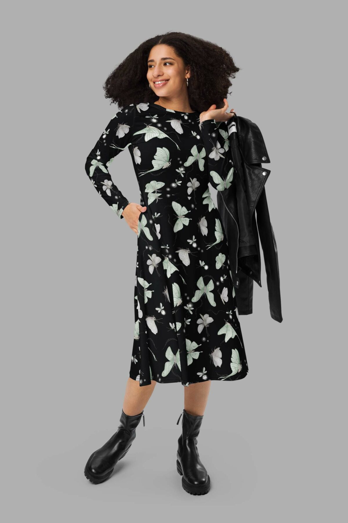 cosmic drifters moonflight print long sleeve midi dress 1