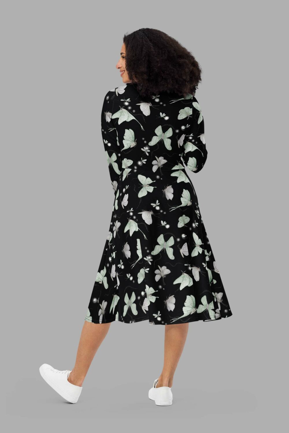 cosmic drifters moonflight print long sleeve midi dress back