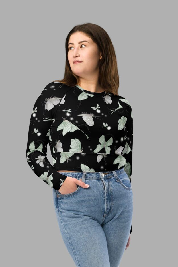 cosmic drifters moonflight print recycled long sleeve crop top front