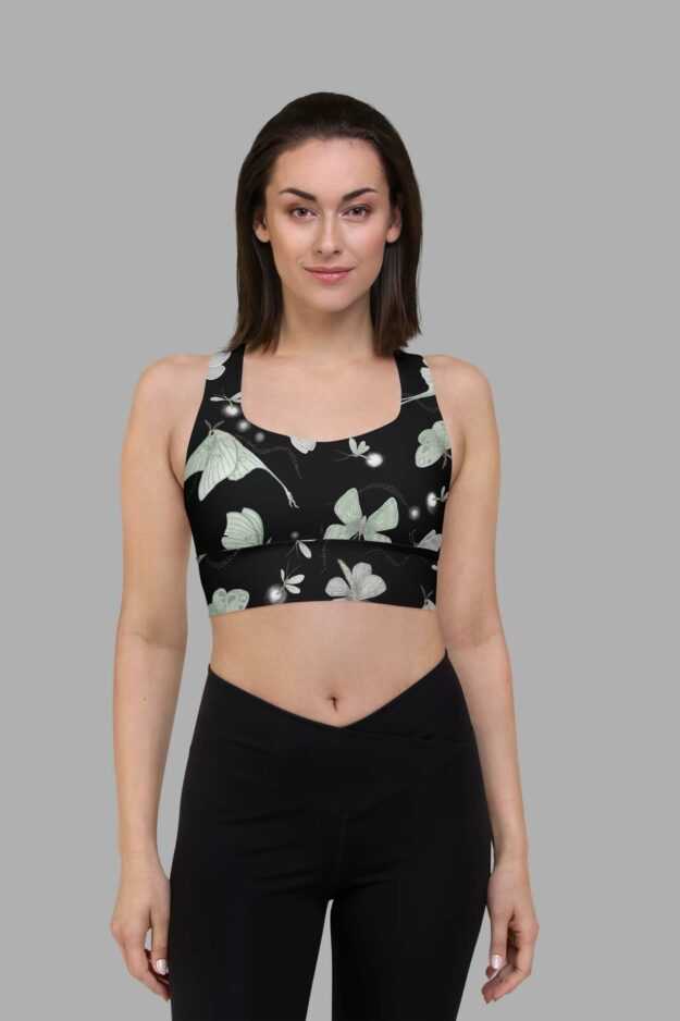 cosmic drifters moonflight print recycled longline sports bra front