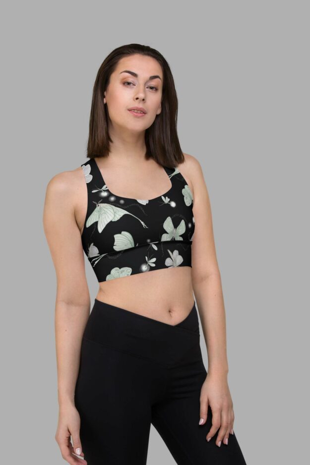 cosmic drifters moonflight print recycled longline sports bra side