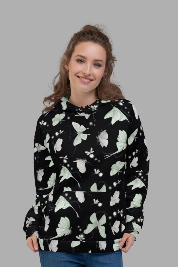 cosmic drifters moonflight print recycled unisex hoodie front