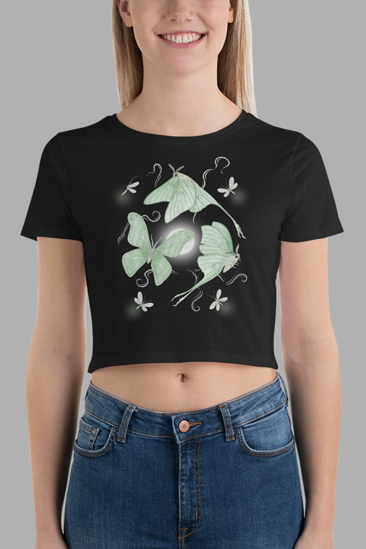 cosmic drifters moonflight print womens crop tee black front 2