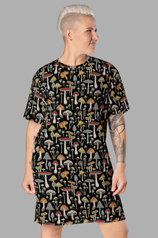 cosmic drifters mushroom print t shirt dress front