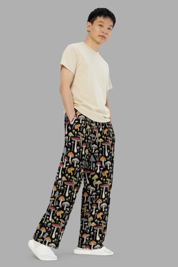 Mushroom Print Wide-Leg Pants - Cosmic Drifters