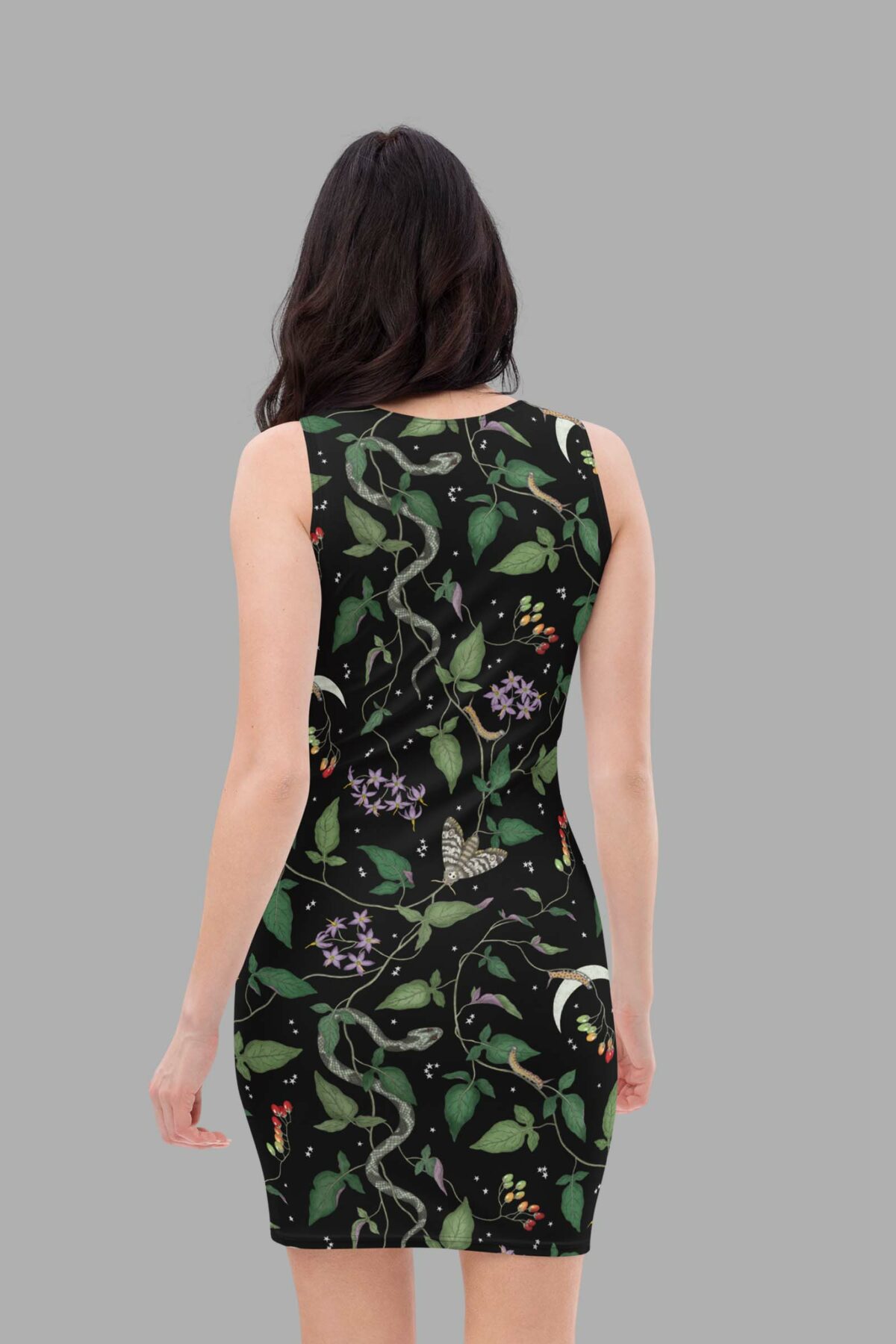 cosmic drifters nightshade print bodycon dress back