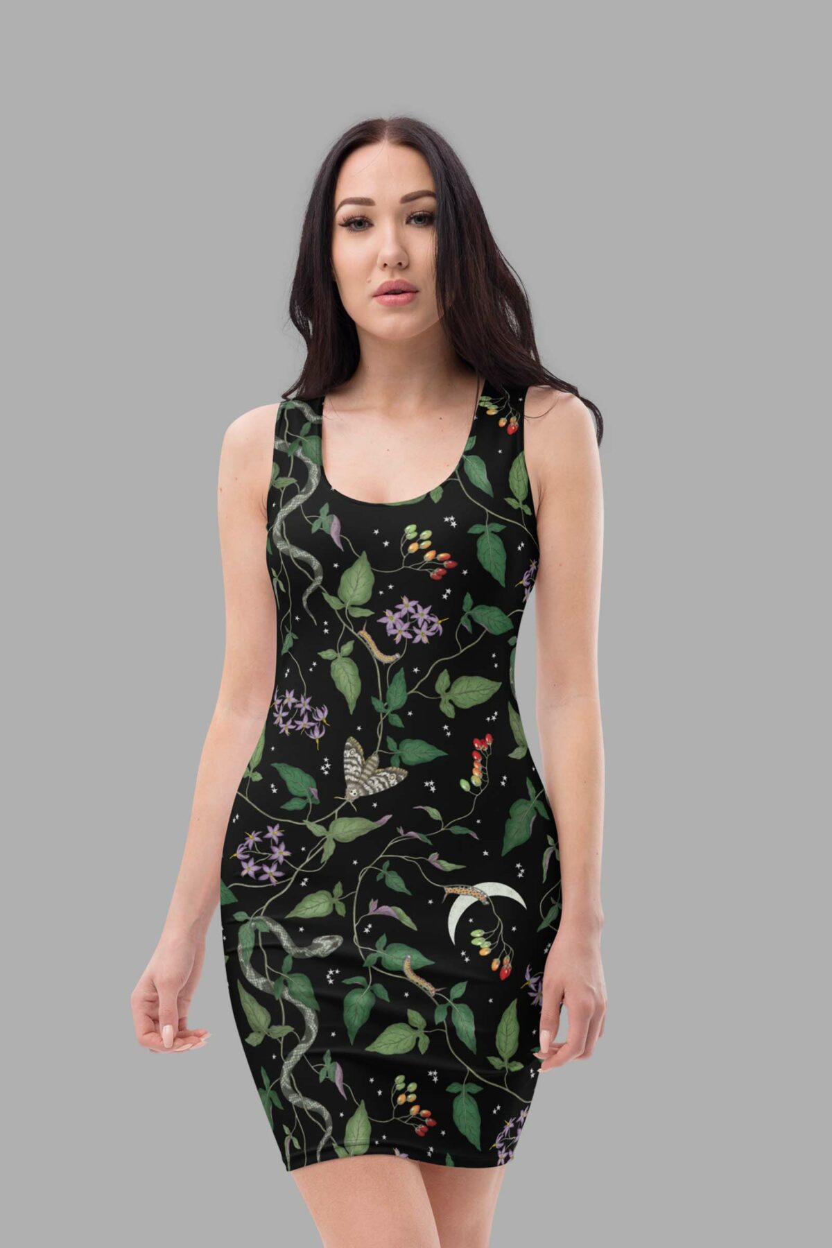 cosmic drifters nightshade print bodycon dress front